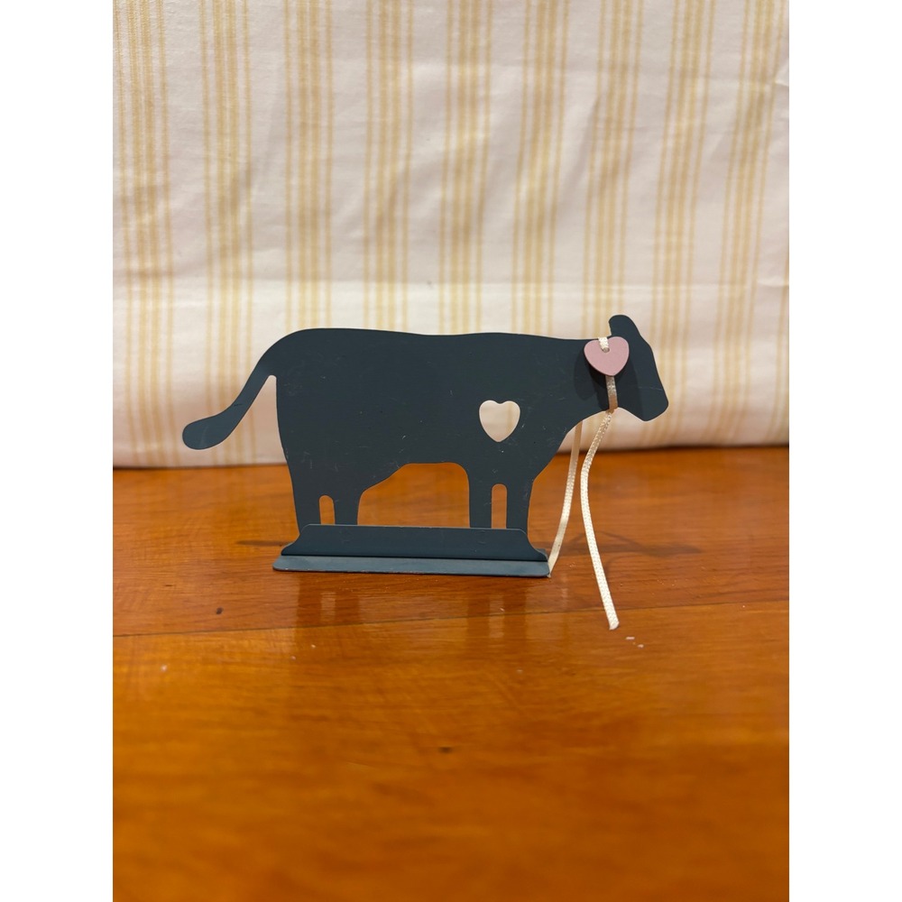 Vintage Style Metal Cow Figurine Heart Cutout Farmhouse Decor Slate Blue 4.75"